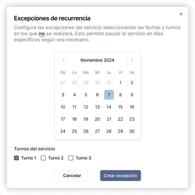 Interfaz de creación de excepciones de recurrencia edel software Soft Planner