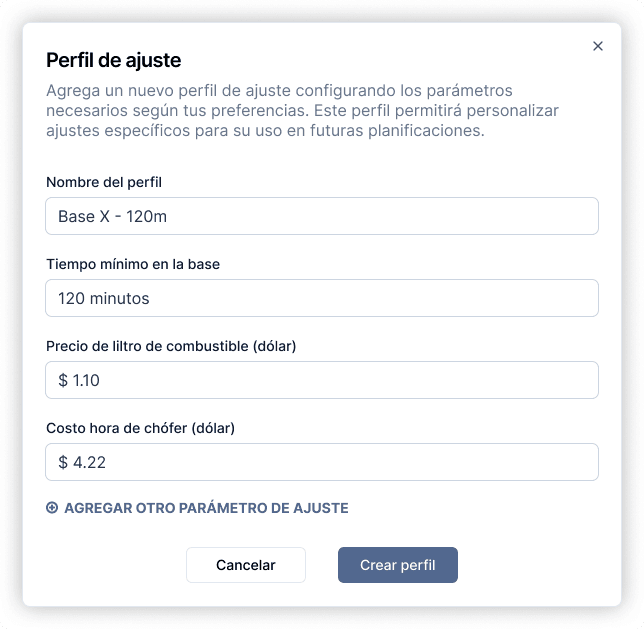 Interfaz de creación de perfiles de ajustes del software Soft Planner