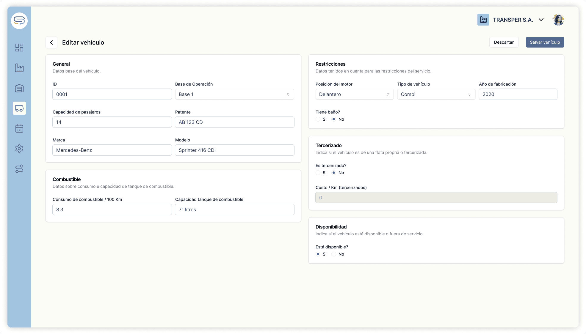 Interfaz de pantalla de vehículo del software Soft Planner