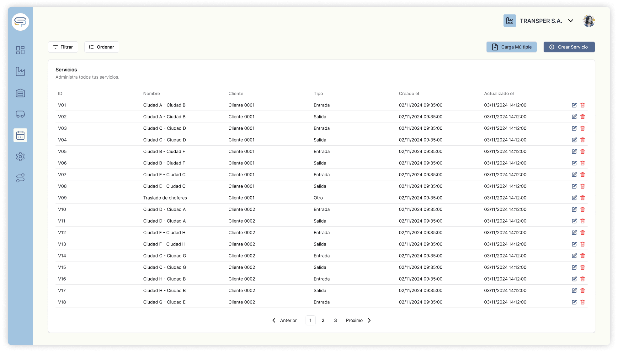 Interfaz de lista de servicios del software Soft Planner